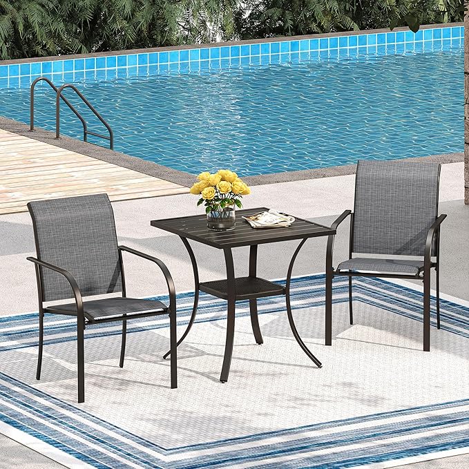 VICLLAX Patio Stackable Dining Chairs Set for 2, Outdoor Sling Chairs with Metal Frame for Front Porch Balcony Backyard Garden and Deck, Black Grey