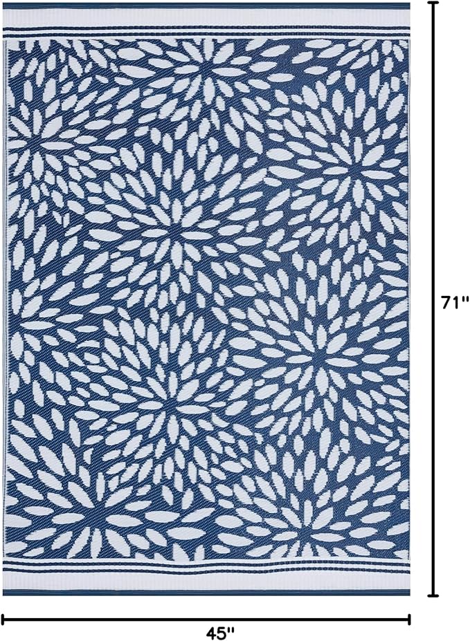 Tayse Nuala Navy Reversible Plastic Straw Small Outdoor Rug 4x6 for Patios Garden Picnic Camping Mats Waterproof and Washable