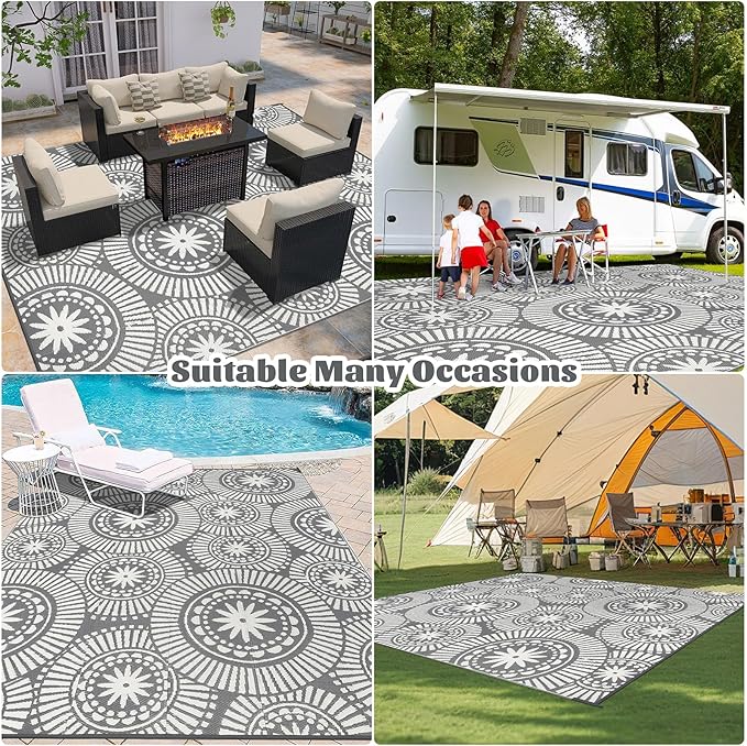 Ileading Large Plastic Outdoor Rug 9x12ft Modern Geometric Style Reversible Patio Area Rugs Waterproof Non Shedding Portable Carpets for Rv Outside Deck Pool Beach Picnic Camping (Grey)