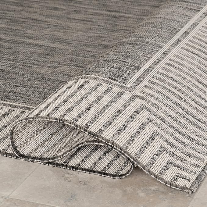 Nuloom Asha Grey/Ivory, 6'7" x 9', Casual, Striped Border, Soft and Cozy, High Traffic, Stain Resistant, Easy Clean, Durable Area Rug for Indoor/Outdoor Patio, Deck, Porch, Garden, Courtyard