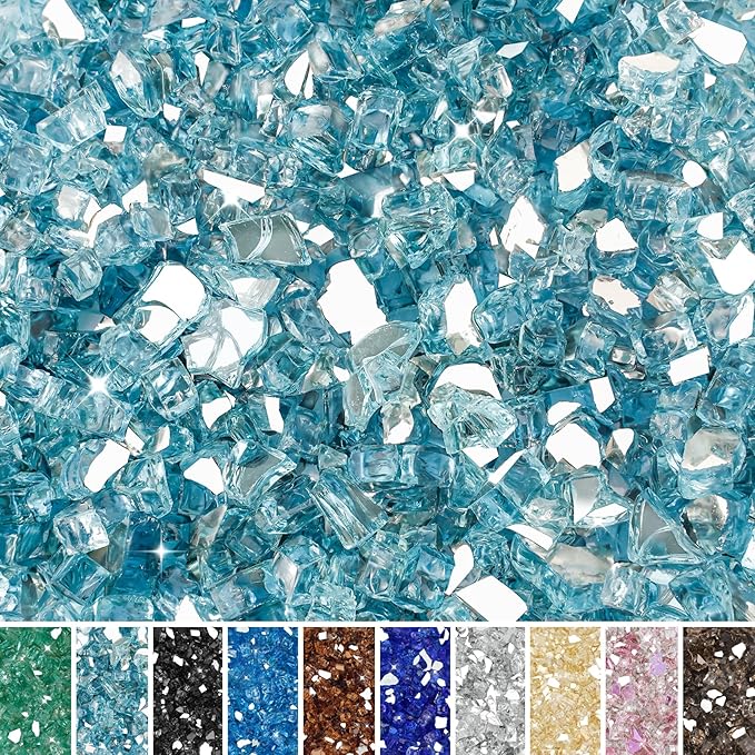 Skyflame 15 Pounds Fire Pit Glass, 1/2 Inch Aqua Blue Reflective Fire Glass for Fire Pit Table/Fireplace/Landscaping