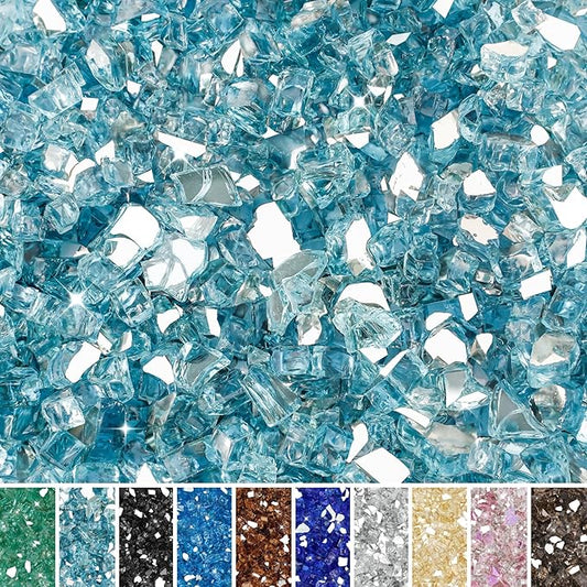 Skyflame 15 Pounds Fire Pit Glass, 1/2 Inch Aqua Blue Reflective Fire Glass for Fire Pit Table/Fireplace/Landscaping
