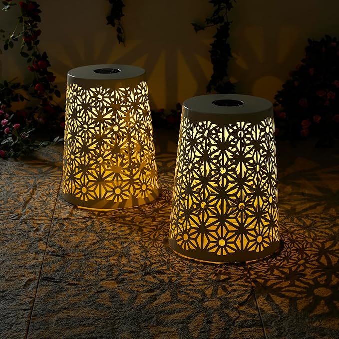 Glitzhome Ourdoor Side Table Set of 2,Solar Iron Cutout Geometric Pattern Decorative Garden Stool Planter Stand,Accent Table or Lantern for Patio Poolside Party Yard,White