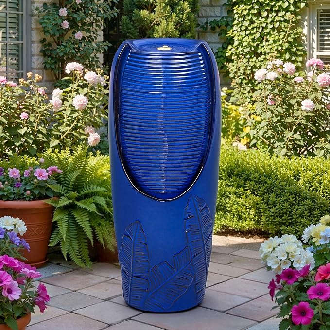 33" Cearmic Outdoor Fountain, Large Tall Jar Water Feature with Lights, Soothing Trickling Waterfalls for Garden Patio Yard Balcony or Porch, Cobalt Blue Glaze, 3D Tropical Leaf Patterns