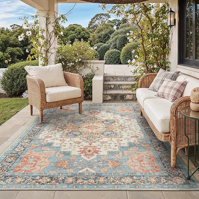 GENIMO Outdoor & Indoor Area Rug 6'x9', Waterproof, Non-Shedding, Easy Cleaning, Boho Mat for Patio, Living Room, Balcony, Dining Room, RV, Deck, Bedroom, Camping, Outside Carpet,Blue Salmon