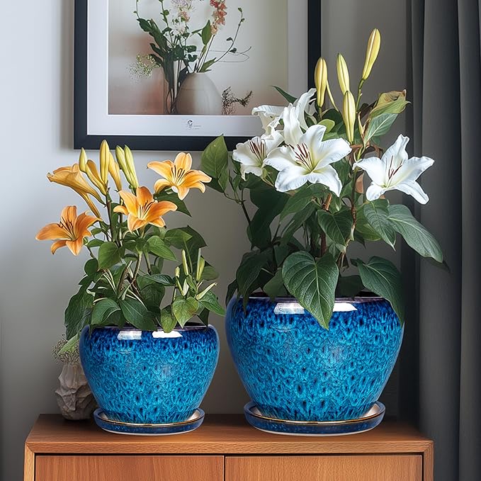 Ceramic Plant Pots Indoor, 10 Inch 8 Inch 6 Inch Round Planters Pots for Indoor Outdoor Plants, Modern Large Flower Pots with Drainage Holes and Saucers, Set of 3, Blue