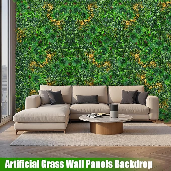 Grass Wall Panels, 20"x20" 8pcs Artificial Grass Backdrop Wall with Tropical Leaves, UV-Anti Faux Greenery Plant Boxwood Panels for Privacy Fence Screen, Green Wall Decor for Outdoor Indoor