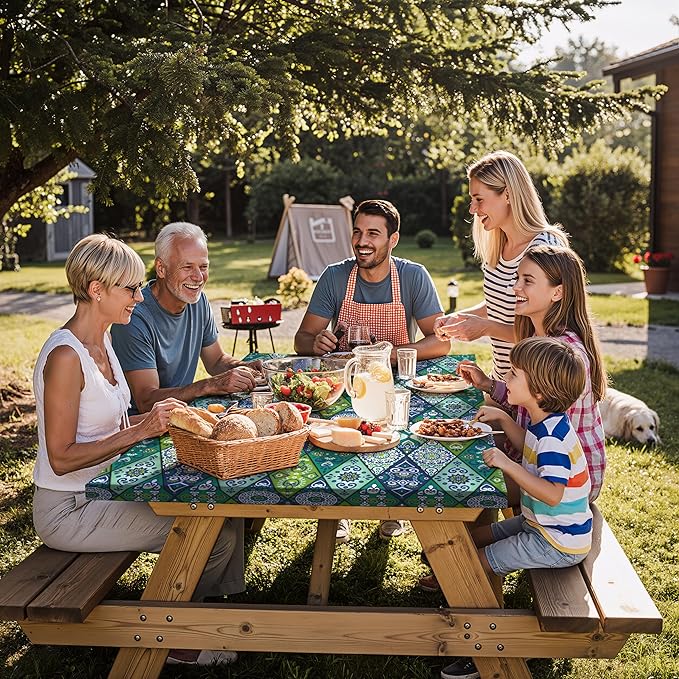 Fitted Waterproof Picnic Table Cover with Bench Covers Elastic 72×30In 3 Piece Camping Table Cloth for 6Ft Rectangle Tables Outdoor Camper Gifts Supplies Patio Rv Traveling Hiking Must Haves