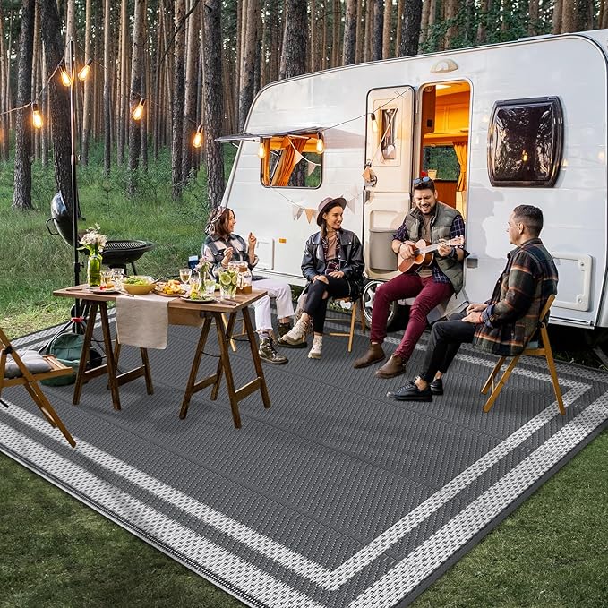 HappyTrends,Outdoor Rug,Patio Rug,Reversible Portable Plastic Straw Rug,Camping Rugs for Outside RV,Large Waterproof Area Rugs for Patio,Deck,Picnic,Porch,Balcony(6'x 9',White&Gray)