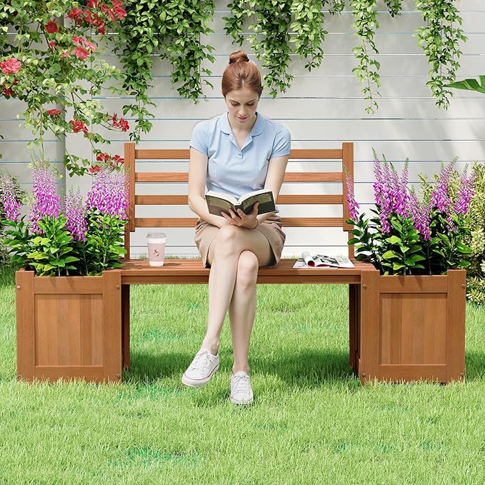 Giantex Set of 2 Outdoor Bench with Backrest, Wood Raised Garden Bed w/Open Base, Weather-Resistant Square Deep Planter Boxes for Flowers Fruit Vegetable, Bench Seat for Porch Yard Balcony Lawn