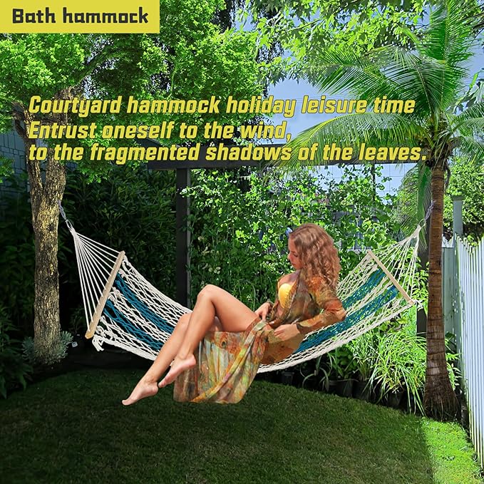 Hammocks Double Rope Hammock,Portable HandwovenTraditional Cotton Rope1 Person Hammock,with Spreader Bar,for Suitable for Patio, Beach, Garden (White)