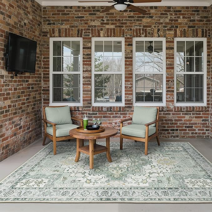 GENIMO Outdoor & Indoor Area Rug 6'x9', Waterproof, Non-Shedding, Easy Cleaning, Boho Mat for Patio, Living Room, Balcony, Dining Room, RV, Deck, Bedroom, Camping, Outside Carpet,Light Green