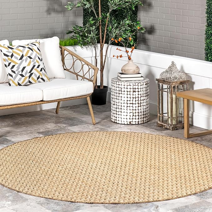 Nuloom Outdoor Performance Camryn Brown/Ivory, 8' Round, Herringbone, Soft, High Traffic, Stain Resistant, Easy Clean, Durable Area Rug for Indoor/Outdoor Patio, Deck, Porch, Garden, Courtyard