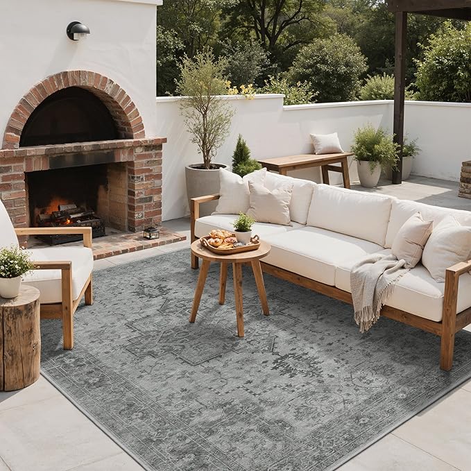 GENIMO Outdoor & Indoor Area Rug 5'x8', Waterproof, Non-Shedding, Easy Cleaning, Boho Mat for Patio, Living Room, Balcony, Dining Room, RV, Deck, Bedroom, Camping, Outside Carpet,Dark Grey