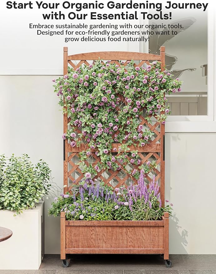 1-Pack Tall Wood Planter Box with Trellis, 29.5" h Vertical Garden on Wheels with Drainage Holes, for Climbing Plants, Herbs, Flowers in Patio & Balcony