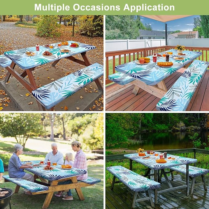 Picnic Table Cover with Bench Covers Camping Essentials Waterproof Windproof Camping Tablecloth with Drawstring Bag, Fitted Rectangle Tables and Seats, 60in, Light Green Blue
