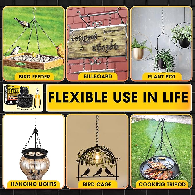 [Upgraded] 50FT Black Electroplated Steel Hanging Chain Roll, Pliers Included, 20LBS Load Capacity, Durable, Rust-Resistant, Adjustable Length for Hanging Bird Feeders, Planters, Lanterns, Billboards