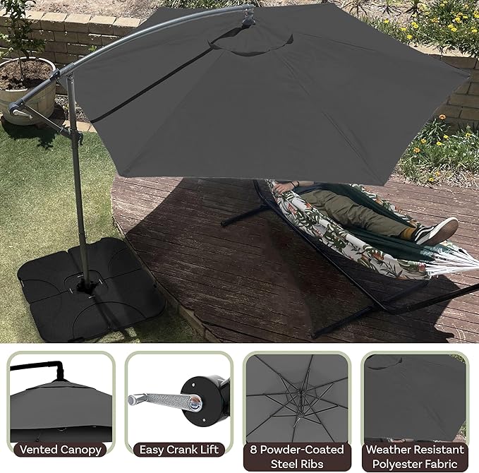 10 Ft Offset Cantilever Patio Umbrella - Fade-Resistant Shade Umbrella Outdoor Patio Canopy with Cross Base for Garden, Lawn, Deck, Yard or Pool by Pure Garden (Gray)