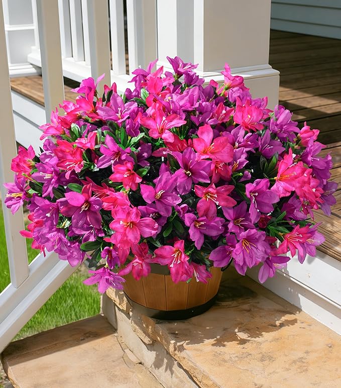 INSPRING Artificial Flowers Fake Plants for Outdoors Spring Summer Decoration, 3 Bundles Faux Silk Azalea UV Resistant Outdoor Flowers Realistic for Planters Outside Patio Porch Garden Home Decor, Mix