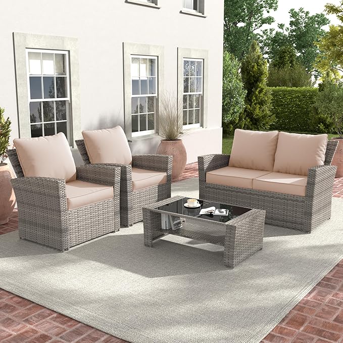 Amopatio Outdoor Chair Cushions 22.5"× 20.3" × 4", Set of 4 with Removable Cover, Waterproof & Fade Resistant seat Cushions for Patio Furniture, Beige