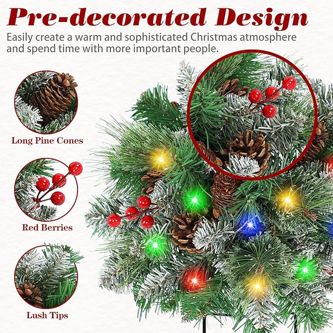 Lighted Artificial Christmas Urn Filler, 2 Pack Small Xmas Pine Tree Outdoor Decorations with Cones, Red Berries & 50 LED Lights, Light Up Planter Filler Decor for Porch Yard, Garden, Cemetery