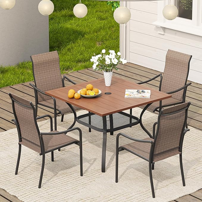 VICLLAX Patio Stackable Dining Chairs Set of 4, Outdoor Sling Chairs with Breathable Fabric and High Back for Balcony Porch Backyard, Brown