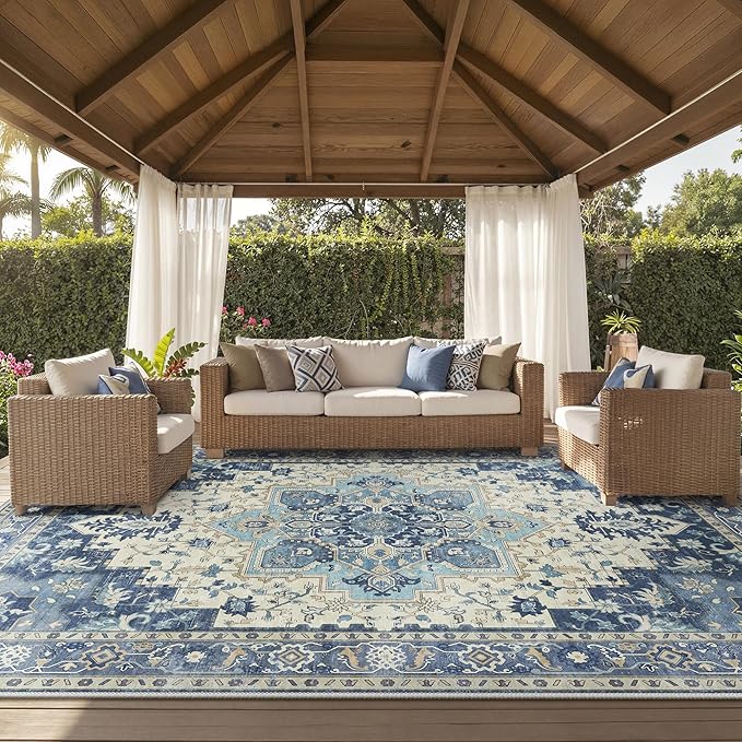 GENIMO Outdoor & Indoor Area Rug 10'x14', Waterproof, Non-Shedding, Easy Cleaning, Boho Mat for Patio, Living Room, Balcony, Dining Room, RV, Deck, Bedroom, Camping, Outside Carpet,Center Blue