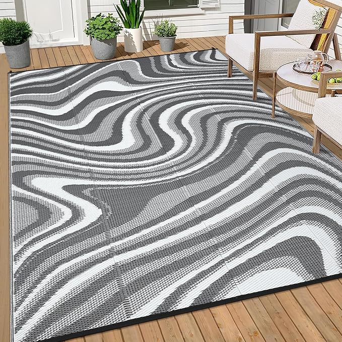 Outdoor Rug 5x8 Waterproof Patio Rugs Modern Abstarct Reversible Mat for Front Door Rv Foldable Plastic Straw Carpet for Travel Trailers, Deck, Porch, Camper, Balcony, Beach，Black/Grey