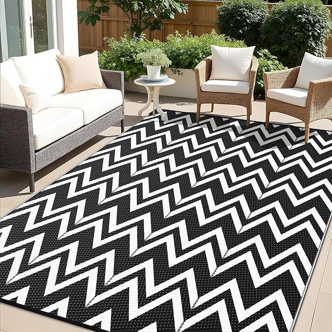 OLANLY Waterproof Outdoor Rug 9x12 ft Clearance, Reversible Outdoor Plastic Straw Rug, RV Mat, Indoor Outdoor Carpet for Patio, Camping, Balcony, Deck, Backyard, Black & White