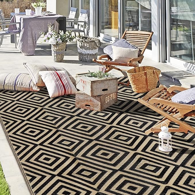 Reversible Mats, Outdoor Patio Rugs, Plastic Straw Rug, Modern Area Rug, Floor Mat for Outdoors, RV, Patio, Backyard, Deck, Picnic, Beach, Trailer, Camping (Diamond Black & Beige, 5' x 8')