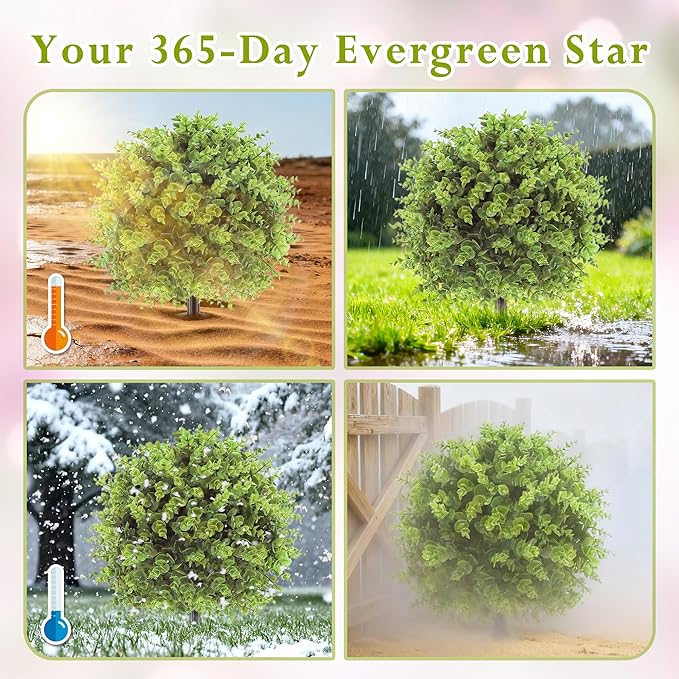 Artificial Topiary Tree with Eucalyptus, Set of 4 UV Resistant Fake Evergreen Shrubs with Ground Spike for Porch, Artificial Plants for Outdoor Indoor Garden Planters, Lifelike Decor