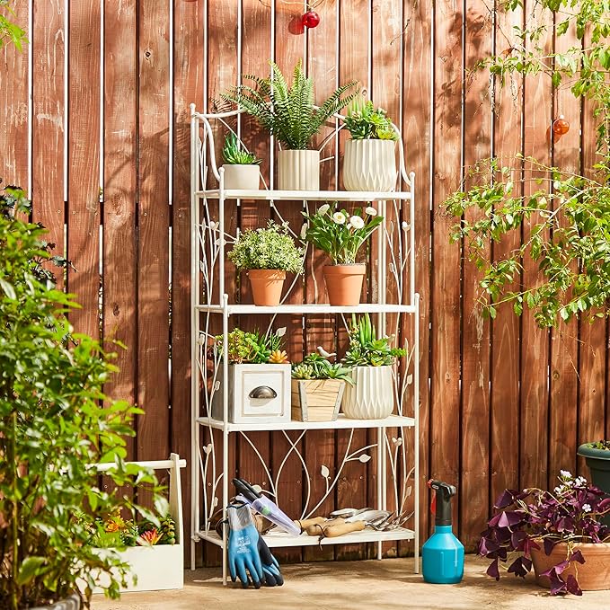 Glitzhome 52" H Rectangular Metal Rack 4 Tier Plant Stand Multiple Holder Shelf for Indoor Outdoor Garden, White