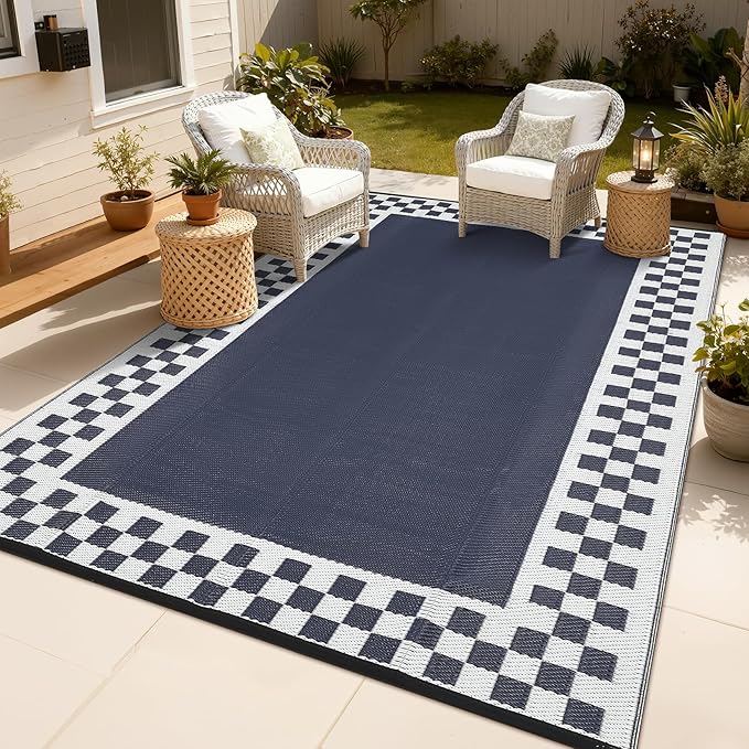 Garvee Outdoor Rug 9x12 Waterproof Reversible Patio Rug Modern Geometric Outdoor Carpet, Fade-Proof & Weather Resistant Minimalist RV Picnic Camping Mat for Garden Backyard Balcony,Navy & White
