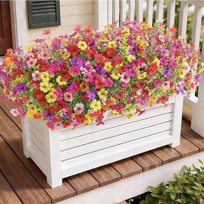 SHareconn 24 Bundles Artificial Flowers for Outdoors Decoration, Faux Plants Fake Silk Colorful Daisy Eucalyptus Lavender, UV Resistant for Outside Home Porch Patio Indoor Spring Decor, Mix 5 Colors
