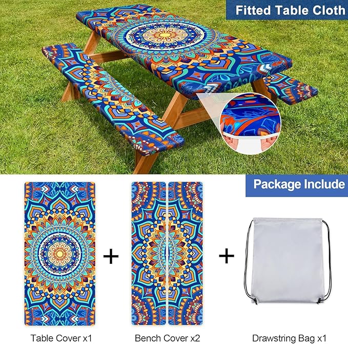 Picnic Table Cover with Bench Covers Camping Essentials Waterproof Windproof Camping Tablecloth with Drawstring Bag, Fitted Rectangle Tables and Seats, 96in, Yellow Blue Orange