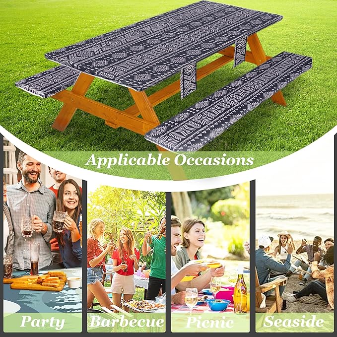 Picnic Table Cover with Bench Covers Vinyl Elastic Edges Fitted Rectangle Seat Tables Waterproof 3-Piece96X30in Set Outdoor Rectangular Folding Backing Tablecloth for Camping Over Size