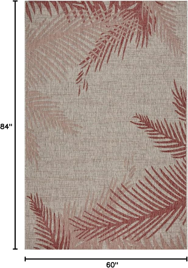 LR Home 5x7 Indoor/Outdoor Area Rug for Home Decor | Coastal Palm Leaf Carpet for Living Room, Bedroom, Playroom, Patio, Garden | Modern Farmhouse Rug | Red/Beige