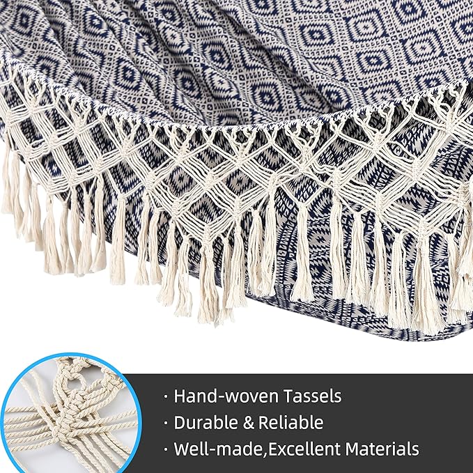 Backyard Hammock with Tassels,Garden Hammocks with Portable Carry,Bag Deluxe Macrame Fringe for Patio,Garden,Backyard,Beach,Outdoor and Indoor Porch Fabric, Up to 450Lbs (Blue-Diamond)