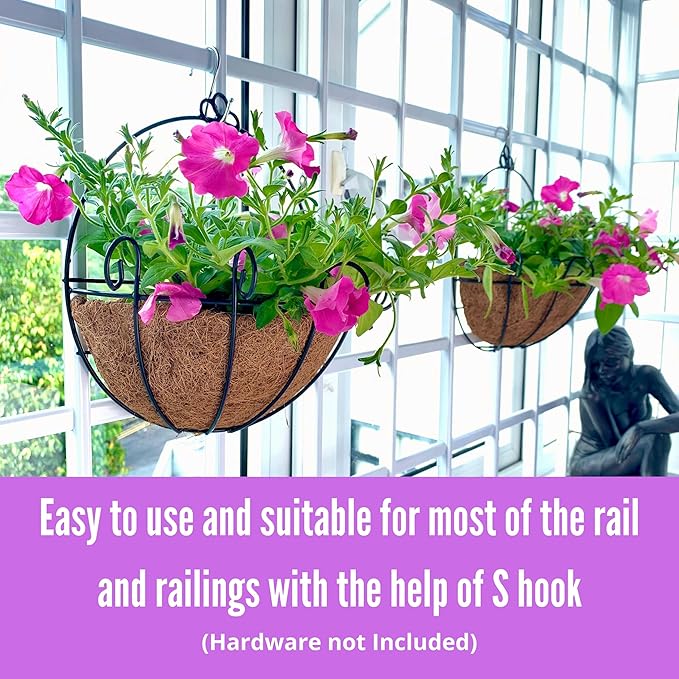 ShopLaLa Wall Planters Outdoor Plants (10 Inch, 10 Pack) Balcony Planters Railing Hanging Fence Planter Over Railing Planters Coco Liner, Wall Mounted Flower Basket Metal Wire Deck Porch Patio Garden