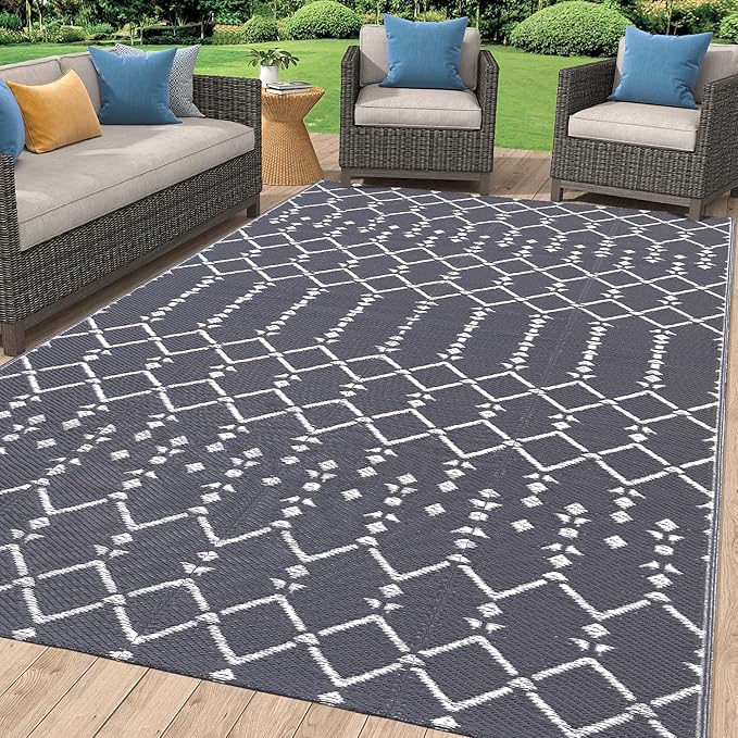 Smiry Outdoor Rug 8x10 ft, Waterproof Reversible Plastic Straw Rugs, Boho Outdoor Area Rug, Outside Floor Mat for Patio, Backyard, Deck, Picnic, Beach, Camping, Grey