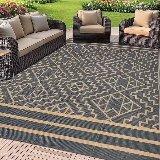 SAND MINE Reversible Mats, Plastic Straw Rug, Modern Area Rug, Large Floor Mat and Rug for Outdoors, RV, Patio, Backyard, Deck, Picnic, Beach, Trailer, Camping (5' x 8', Grey & Tan)