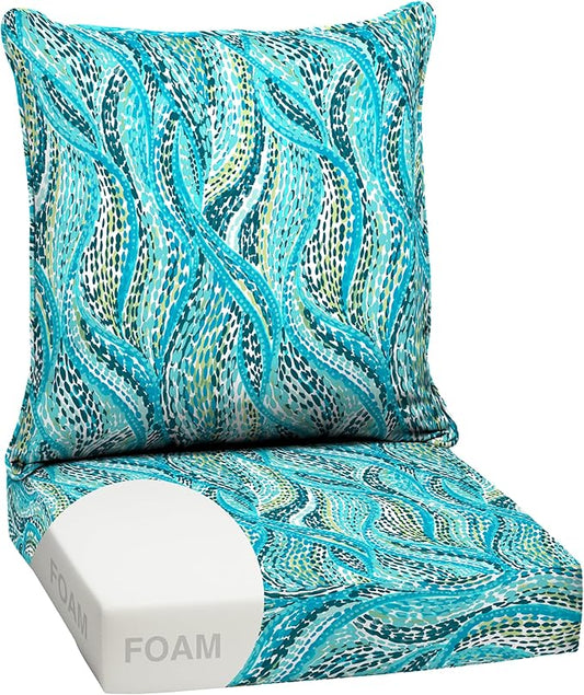 Arden Outdoor Foam Deep Seat Cushion Set, 24 in x 24 in, Weather-Proof, Rain-Proof, Fade Resistant Patio Cushion, Bottom and Back Cushion for Chair, Sofa, and Couch Teal Ariel