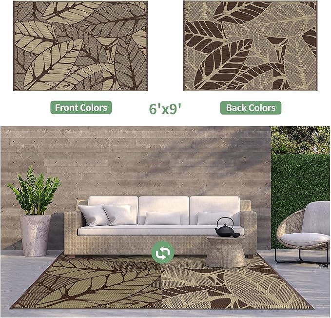 GENIMO Outdoor Rug 6' x 9' Waterproof for Patio Clearance, Reversible Plastic Straw Camping Carpet, Lightweight Mat for Rv, Camper, Deck, Porch, Picnic, Balcony, Beach, F.Coffee & Beige
