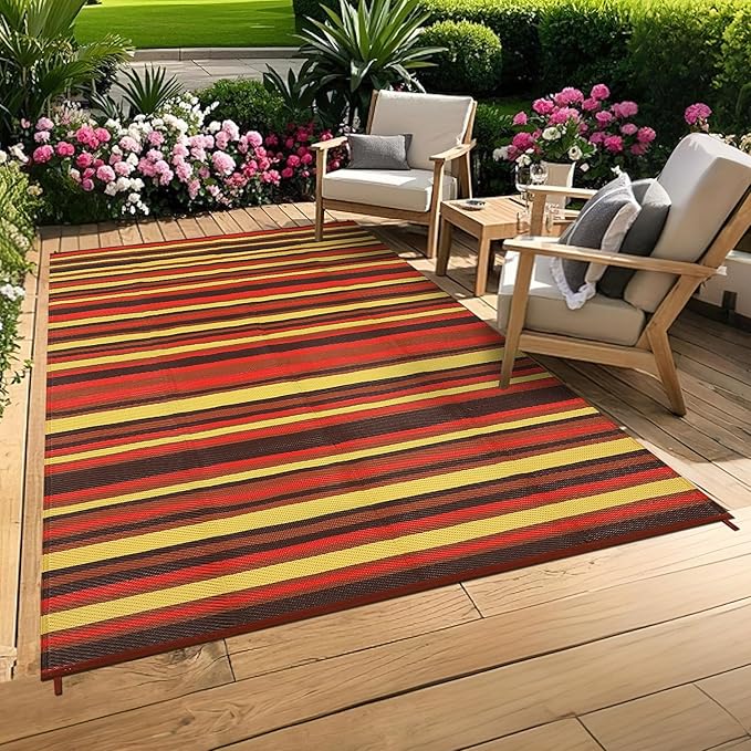 9x12 Outdoor Rug Waterproof Foldable Plastic Straw Carpet for Patio Porch Colorful Line Reversible Mat Lightweight Floor Mat for Picnic, Backyard, Rv, Beach, Deck, Camper, Balcony，Orange/Red