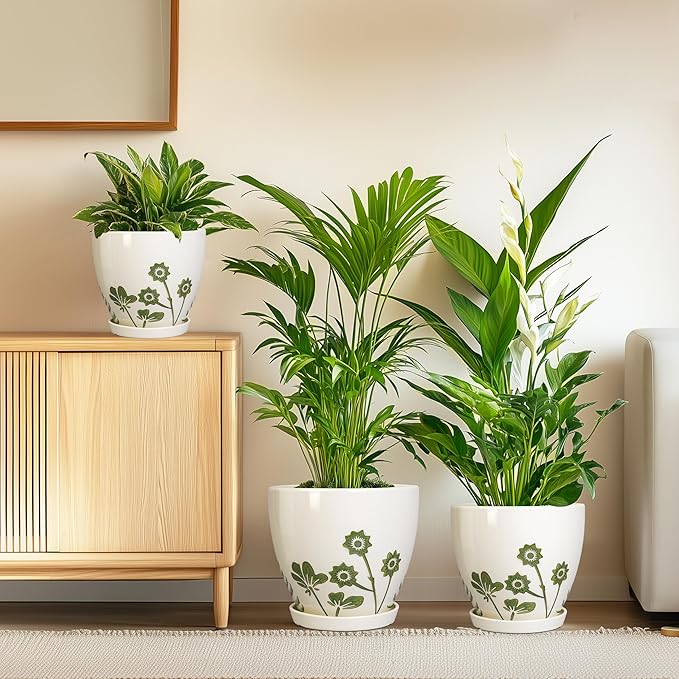 Ceramic Planters - 10+8+6 Inch Plant Pots with Drainage Holes and Saucers, Boho Decorative Round Flower Pots for Indoor Outdoor Plants, Housewarming Gifts, Office Decor, Set of 3, White