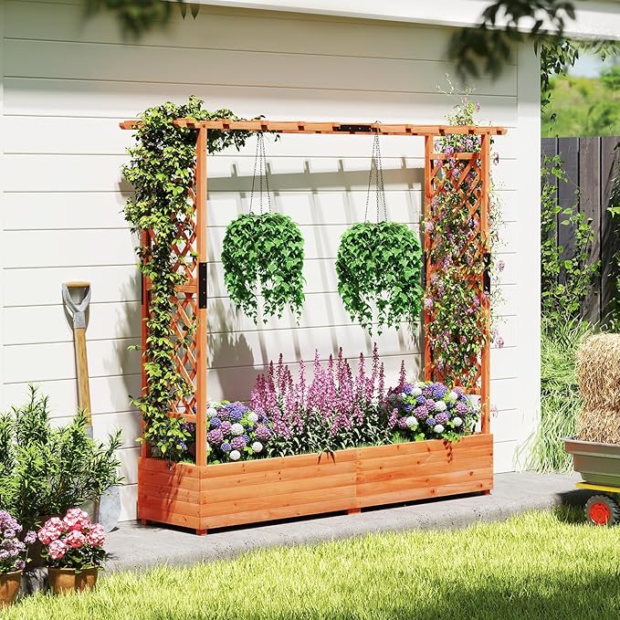 HAPPYGRILL Raised Garden Bed with Trellis, Freestanding Wood Planter Box w/Hanging Roof & Drainage Holes for Vine, Climbing Plants, Flowers, Outdoor Planter with Trellis for Garden, Patio, Yard (1)