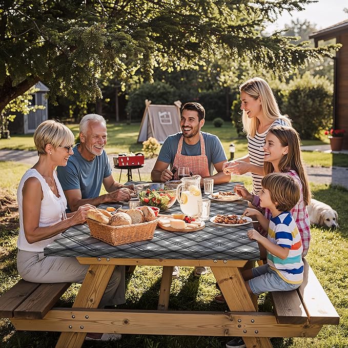 Fitted Waterproof Picnic Table Cover with Bench Covers Heavy Duty Elastic Outdoor Camping Tablecloth for 6 Foot Rectangle Tables Summer Rv Accessories Patio Garden Road Trip Essentials Gifts