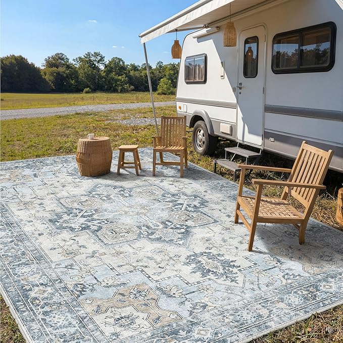 GENIMO Outdoor & Indoor Area Rug 10'x14', Waterproof, Non-Shedding, Easy Cleaning, Boho Mat for Patio, Living Room, Balcony, Dining Room, RV, Deck, Bedroom, Camping, Outside Carpet,Blue