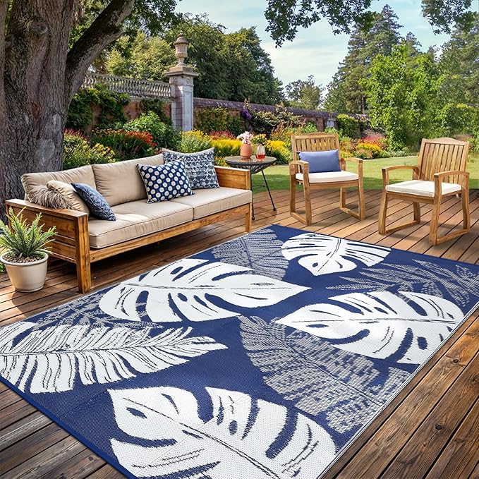 Waterproof Plastic Straw Outdoor Rug 9x18 Patio Reversible UV Resistant Foldable Camping Carpet Modern Leaf Print Large Outdoor Rugs for Deck, Porch, Camper, Balcony, Beach，Navy/White