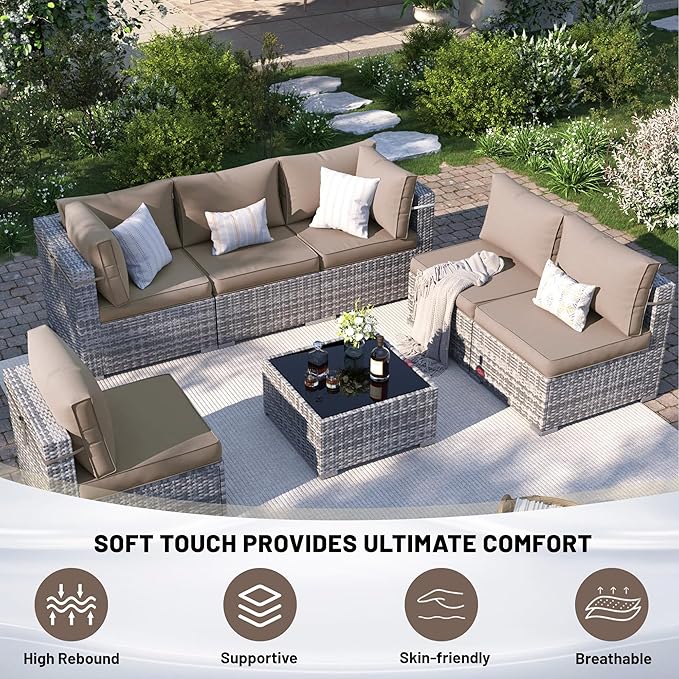 14 Piece Outdoor Sectional Cushions, Water-Resistant Outdoor Sofa Cushions Replacement, 4" High Density Foam Patio Furniture Cushions Fits 6-seat Rattan Conversation Set (Khaki)